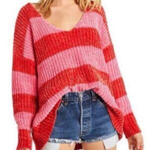 Wildfox Chenille Star Embroidered Oversized Knit Sweater Red Stripe Small NWT